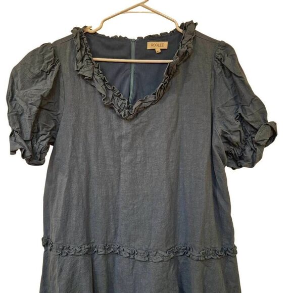 Roolee Women's Stone Blue Linen/Cotton Ruffle Dress - Picture 5 of 11